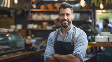 Fototapeta premium A smiling man in an apron standing in a coffee shop with a coffee machine in the background.