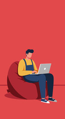 Man working comfortably on a laptop while sitting on a red bean bag chair. Ideal for remote work, freelance, or casual technology use.