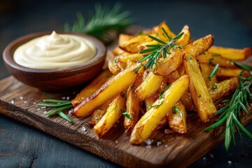 Golden french fries with rosemary and dipping sauce, on wooden board. Use to show fast food, restaurant menus, or recipes.
