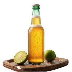 Cold beer bottle with lime isolated on transparent background