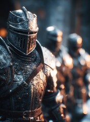Three medieval knights stand guard, bathed in warm light, wearing full metal armor and helmets