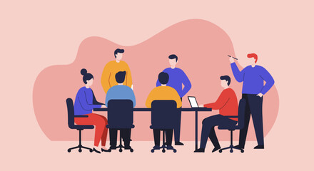 Professionals engage in a dynamic team meeting, sharing ideas and strategizing for business growth. Illustrates collaboration, discussion, and corporate environment.