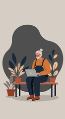 Senior man with a bun and beard sits on a bench, working on his laptop amidst potted plants. Represents modern retirement, remote work, and digital connection.