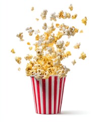Popcorn explodes from a red and white striped container against a stark white background, creating a sense of fun