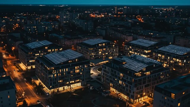 Aerial view of a city at night with modern buildings topped with solar panels