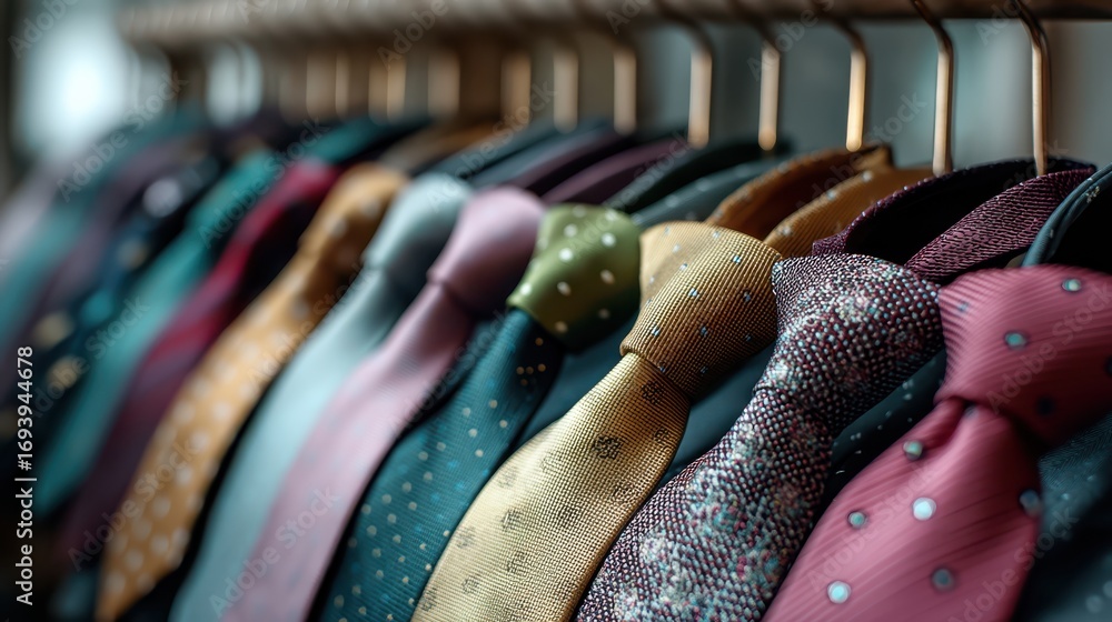 Poster a colorful assortment of ties displayed neatly on hangers, showcasing various patterns and textures 