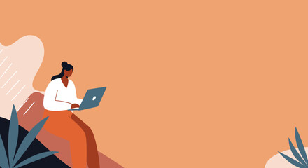 Focused woman working remotely on laptop, representing productivity, modern lifestyle, online learning, and business solutions.