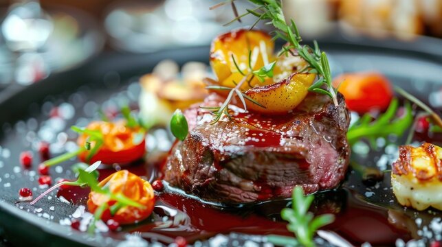 A beautifully plated steak with a side of roasted vegetables and garnished with herbs on a black plate.