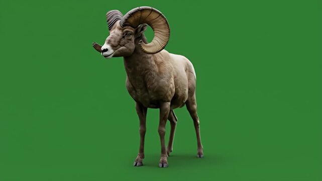Digital ram standing on a flat green background, looking into the distance