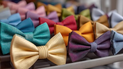 A vibrant display of colorful bow ties arranged neatly, showcasing a variety of textures and styles perfect for formal occasions.