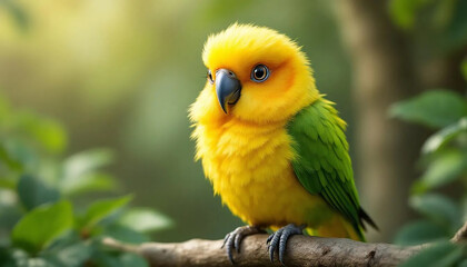 A green and yellow parrot looks sideways, highlighting its vivid colors and alert posture in a natural setting