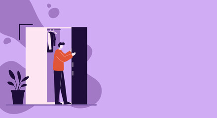 Obraz premium Man opening his wardrobe, choosing clothes. Depicts daily routine, home organization, and personal style for lifestyle or fashion concepts.