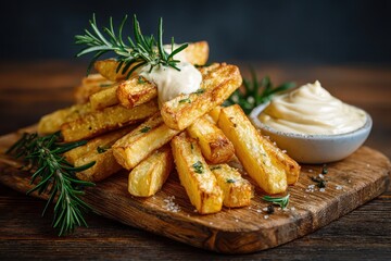 Golden french fries piled with rosemary and aioli, on a wooden board. Use this for restaurant menus or recipe blogs to showcase delicious food.