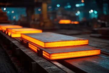 Hot steel billets glow on a conveyor, inside industrial factory. It can illustrate metallurgy, manufacturing, or engineering themes.