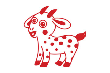 Cartoon goat stands smiling with red spots on a white background