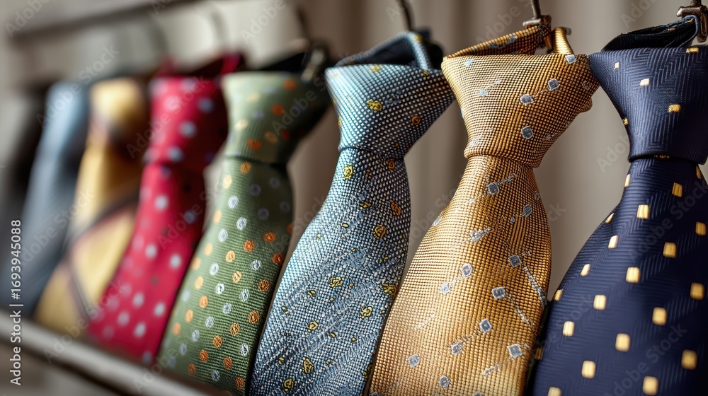 Poster a collection of colorful ties displayed on hangers, showcasing various patterns and textures in a st