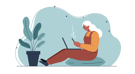 Elderly woman with glasses working remotely on a laptop and smartphone in a comfortable, modern home setting, depicting freelance, digital learning, or a relaxed lifestyle.