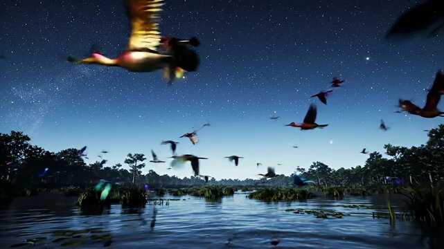 Birds soar above a swamp at night, with a starry sky reflected in the water below