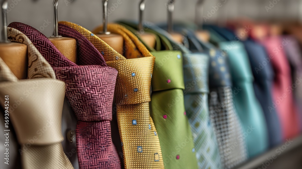 Poster a vibrant display of neatly arranged ties, showcasing various colors and patterns, emphasizing elega