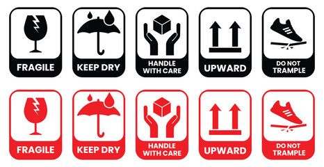 Collection of common shipping and handling warning labels for package transportation safety