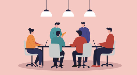 Diverse team of professionals collaborating in a modern office meeting, discussing strategies and working on laptops. Business concept.