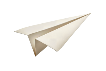Minimalist paper airplane design, off-white card stock with mild sheen, pointed nose banking upward, isolated on transparent background.
