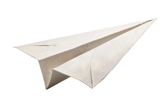 Paper airplane folded from heavy off-white stock, long nose and narrow wings, banking upward right, isolated on transparent background.
