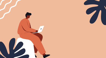 Illustration of a person working remotely on a laptop in a modern, minimalist setting, embodying digital lifestyle and flexible work.