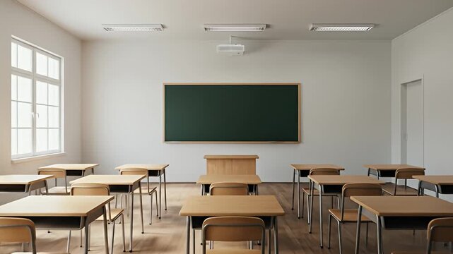 Classroom view with rows of empty desks, chalkboard, and a projector on the ceiling