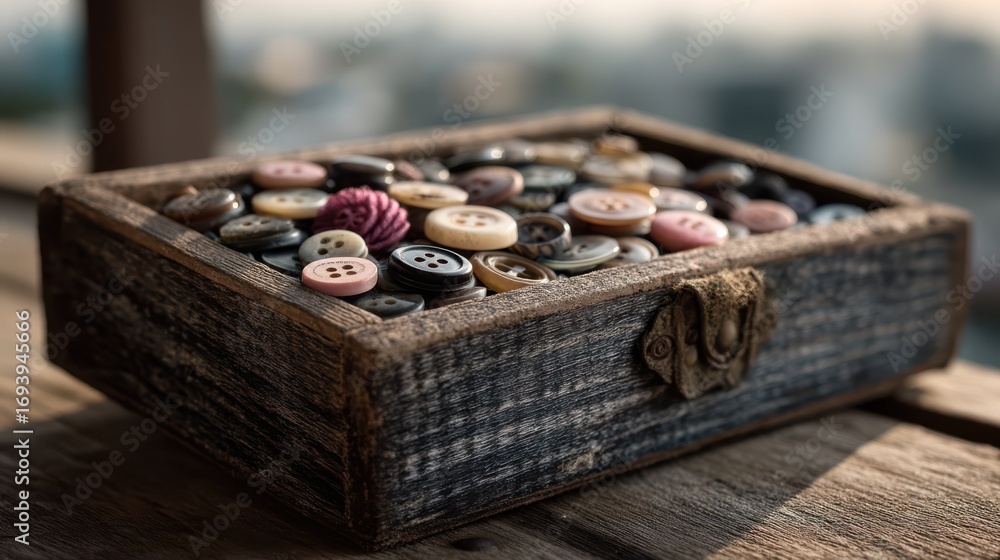 Poster a wooden box filled with colorful buttons, resting on a surface with a blurred background, showcasin