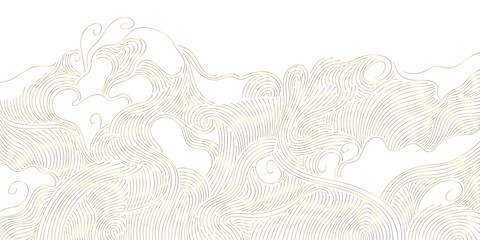 Elegant vector illustration in oriental style with golden waves, abstract lines, and geometric ornaments, minimalist and luxury. The Japanese, Chinese inspired background with ocean, sea, river