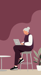 Elderly woman with headphones focused on her laptop, embodying modern senior living, digital literacy, remote work, and online engagement.