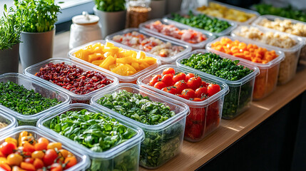 Batch cooking meal prep with Tupperware containers filled with various healthy foods for an organized week