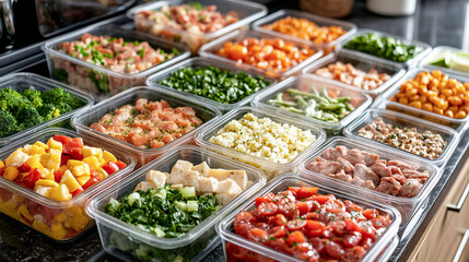 Batch cooking meal prep with Tupperware containers filled with various healthy foods for an organized week