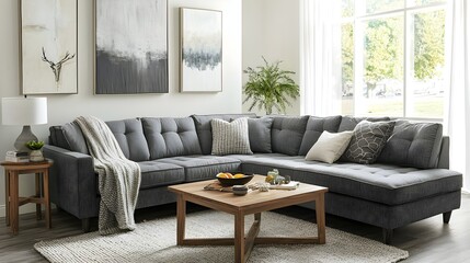 Comfortable living room grey tufted sectional sofa square wood coffee table abstract art trio neutral rug textured pillows modern cozy stylish family space design (Interior Design)
