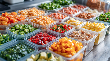 Batch cooking meal prep with Tupperware containers filled with various healthy foods for an organized week