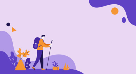 A stylized illustration of a person hiking with a backpack and walking stick in a vibrant, abstract landscape, perfect for travel, adventure, or outdoor lifestyle themes.