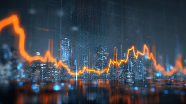 Glowing graph overlays a blurred city skyline, reflecting in water, with a grid background