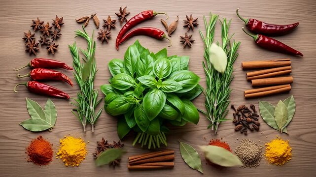 Overhead view of spices and herbs on wooden table, basil central focus