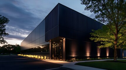 Obraz premium Sleek modern black industrial office building exterior at dusk featuring reflective glass facade minimalist landscaping illuminated entrance contemporary design (Architectural Design)