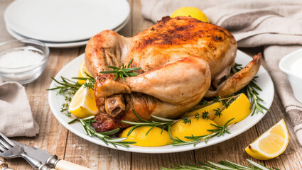 Whole roasted chicken with lemon wedges and rosemary on white plate, served on rustic wooden table for family meal.