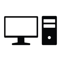 Simple black silhouette icon of a modern desktop computer monitor and tower