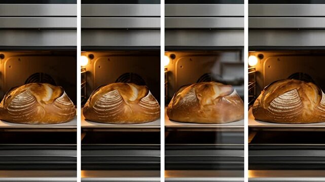 Sourdough bread loaf stages baking inside a lit oven, separated into four frames