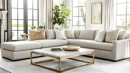 Elegant transitional living room light beige sectional sofa square marble coffee table brass frame large windows indoor plant bright luxurious neutral design harmony (Interior Design)