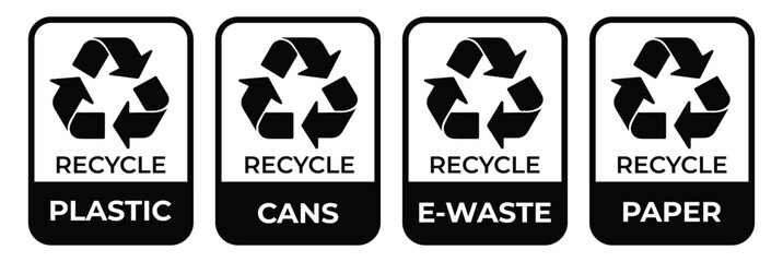 Recycle label products. Recycle icon set, Recycle sign, logo, badge, icon, sticker, label, emblem, stamp, symbol, black, line, flat vector, isolated illustration.