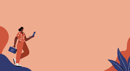 A confident professional woman walks with a laptop and briefcase, representing productivity, remote work, and career success. Ideal for business and technology themes.