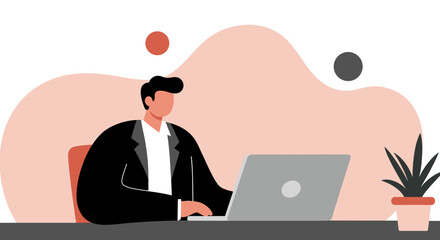 Professional man working on laptop at a desk in an office setting. Represents business, productivity, modern work environment, and digital communication.