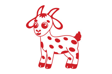 Cartoon goat with red spots standing and smiling on a white background