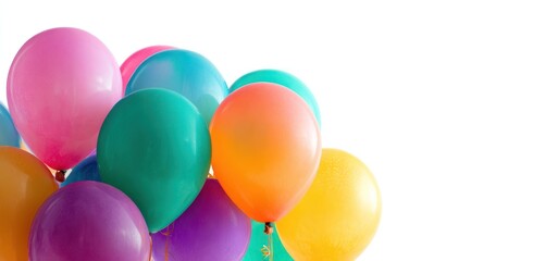 A vibrant cluster of colorful party balloons fills the left side of the frame against a clean white backdrop