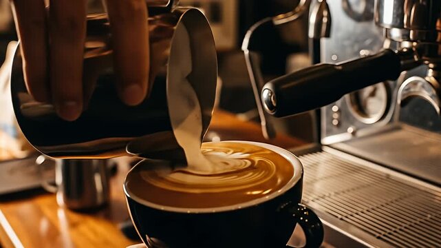 Latte art Cream pouring into coffee cup creates delicate heart pattern on wooden counter